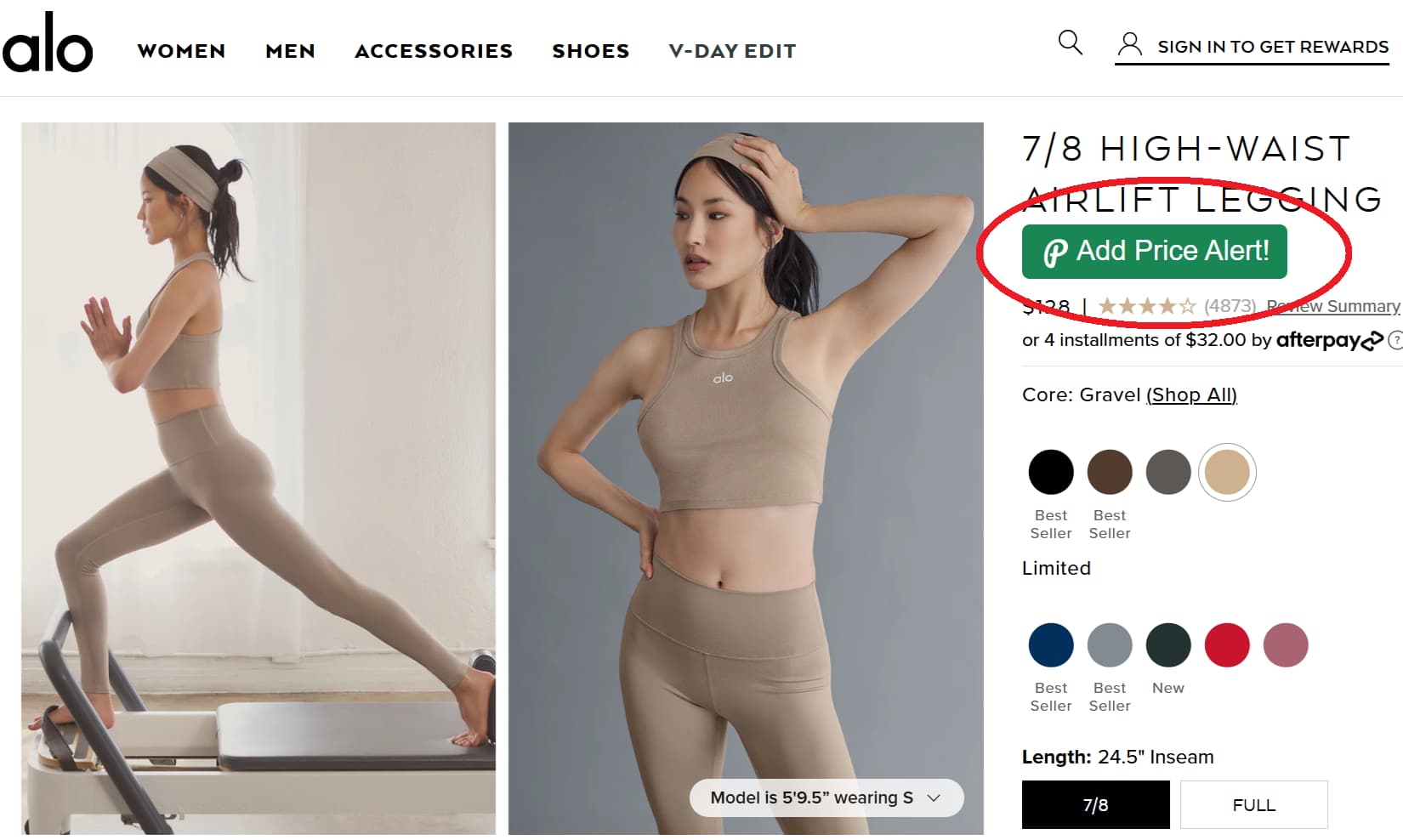 Alo Yoga price tracker button for product price drop alerts and price history