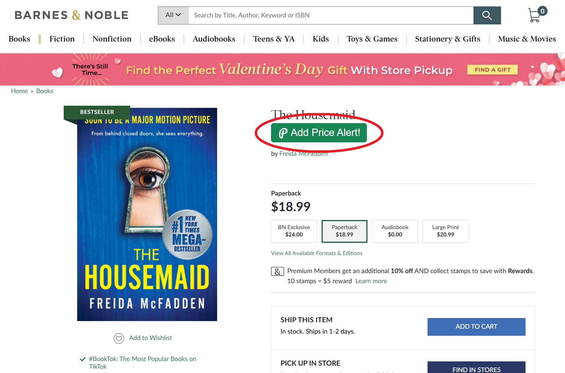 Barnes & Noble price tracker button for product price drop alerts and price history