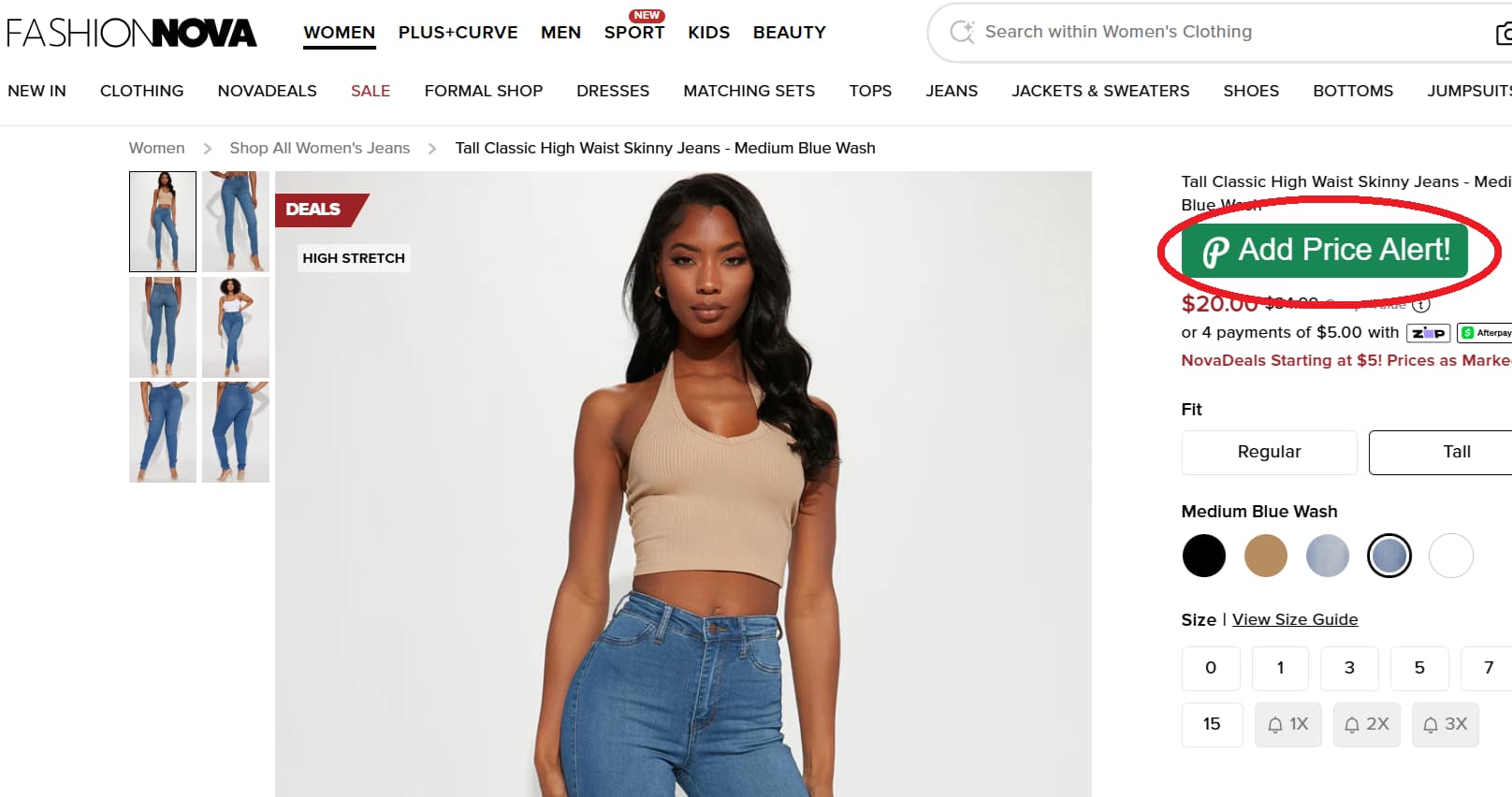 Fashion Nova price tracker button for product price drop alerts and price history