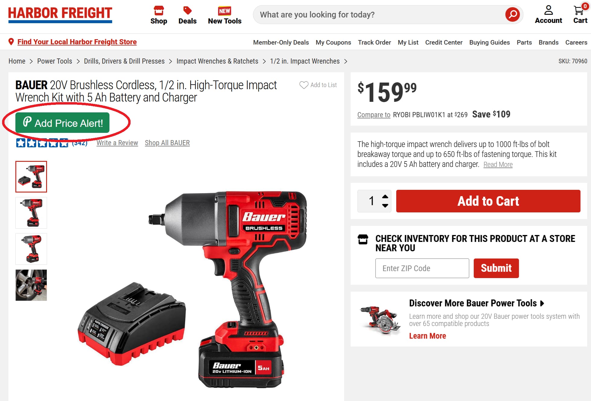 Harbor Freight price tracker button for product price drop alerts and price history