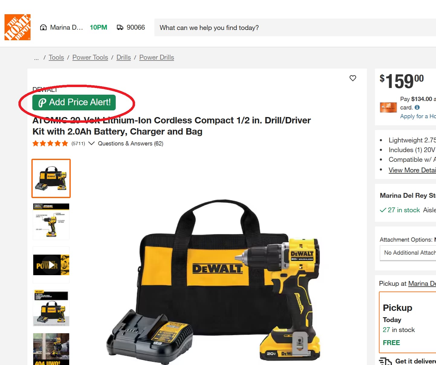 Home Depot price tracker button for product price drop alerts and price history