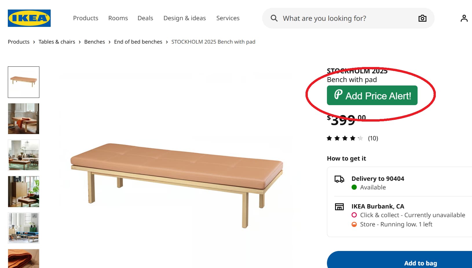 Ikea price tracker button for product price drop alerts and price history