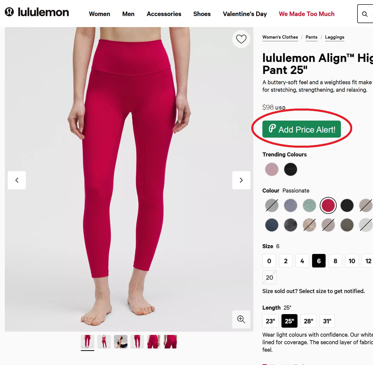 Lululemon price tracker button for product price drop alerts and price history