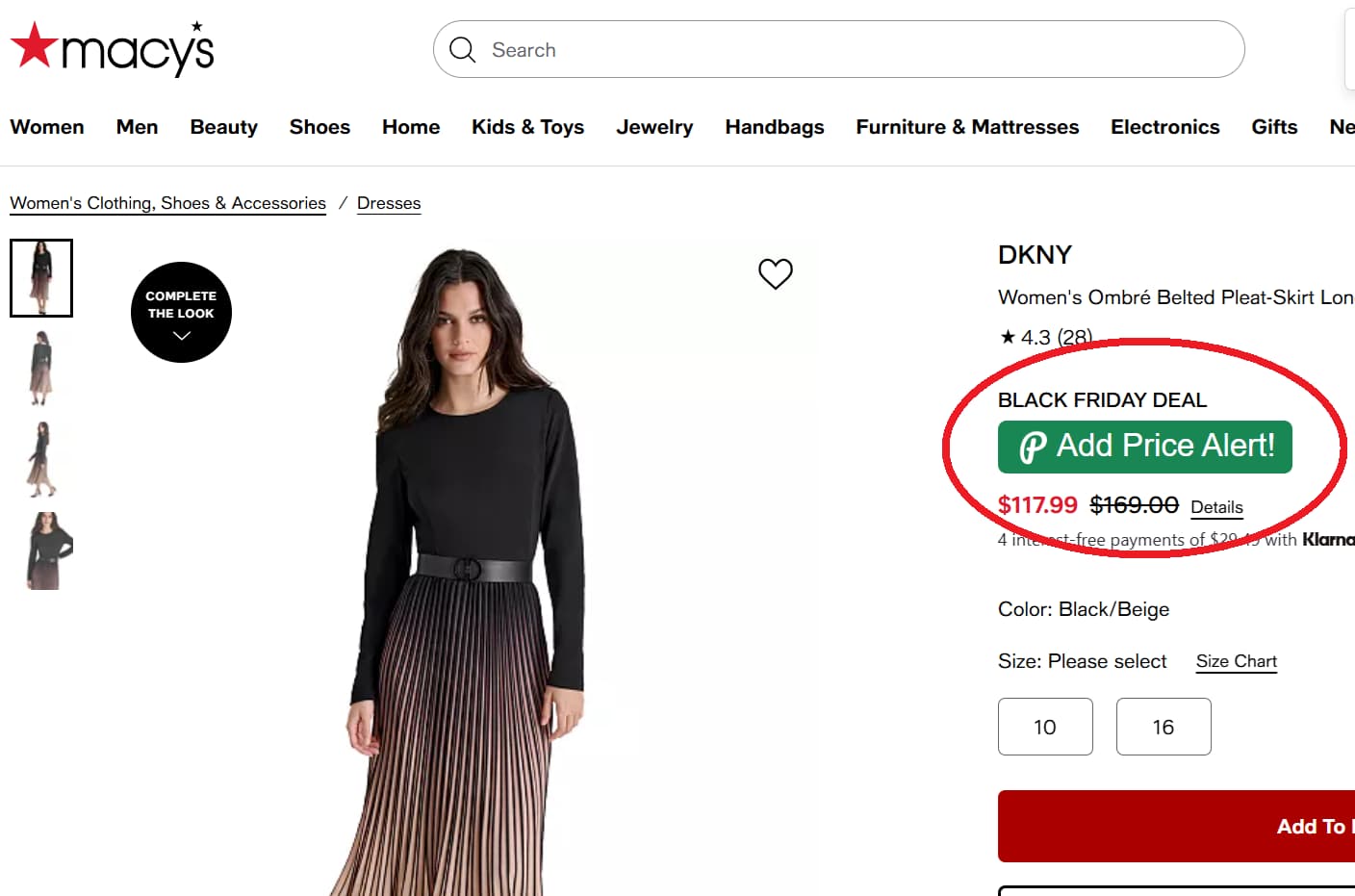 Macys price tracker button for product price drop alerts and price history