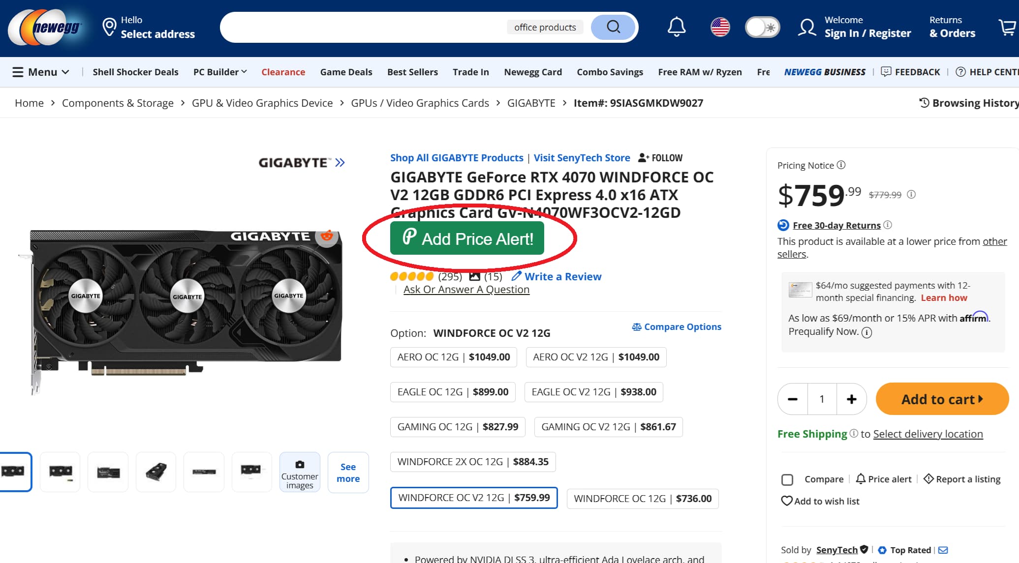 Newegg price tracker button for product price drop alerts and price history