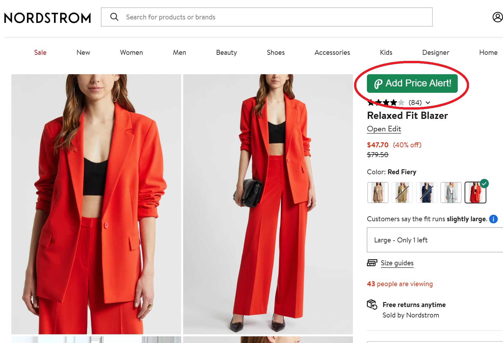 Nordstrom price tracker button for product price drop alerts and price history