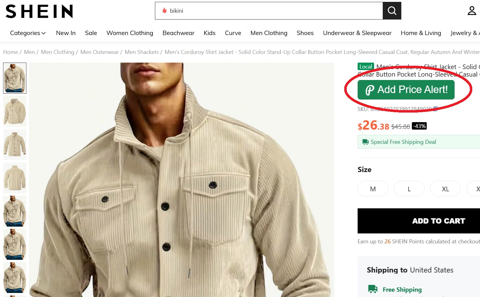 Shein price tracker button for product price drop alerts and price history