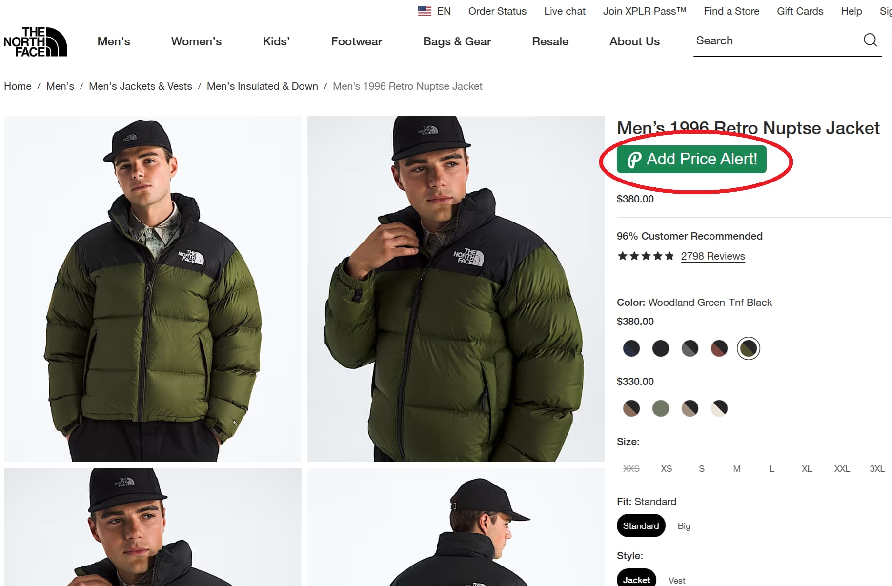 The North Face price tracker button for product price drop alerts and price history