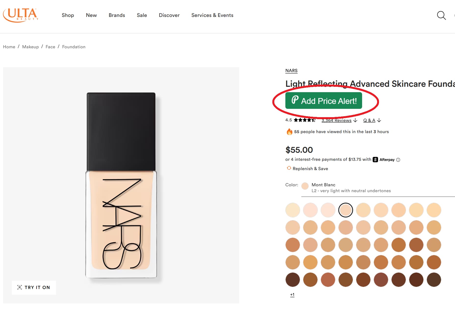 Ulta price tracker button for product price drop alerts and price history