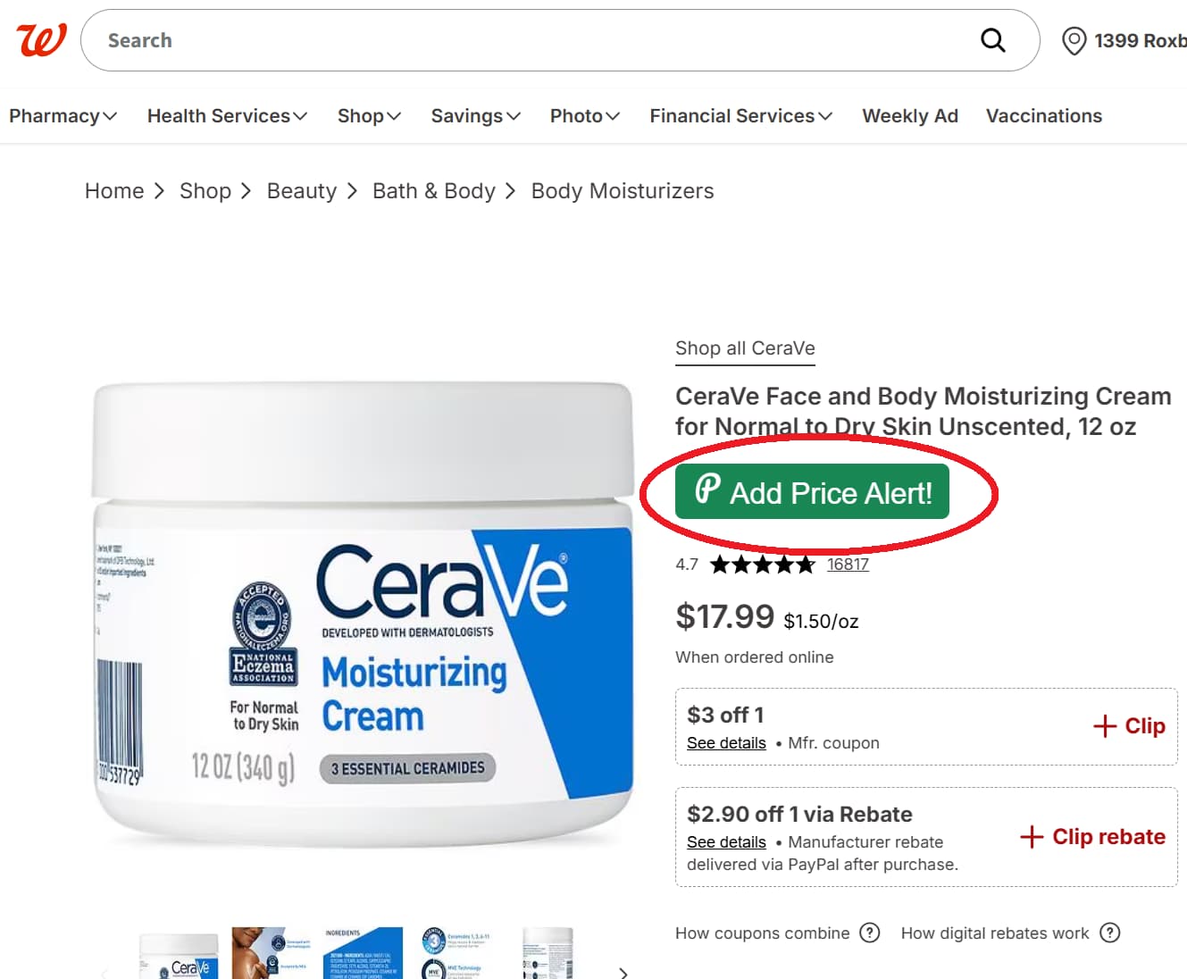 Walgreens price tracker button for product price drop alerts and price history