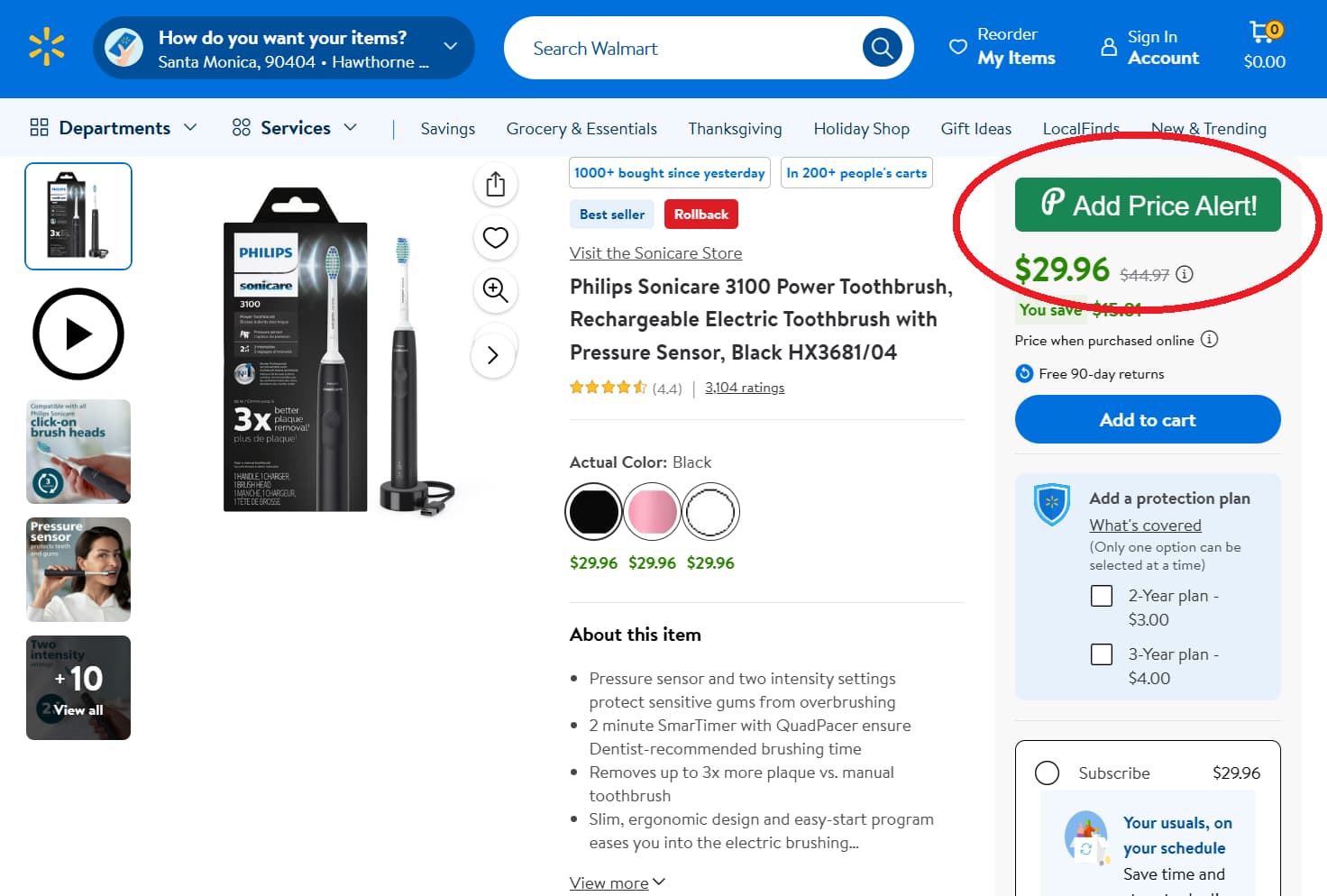 Walmart price tracker button for product price drop alerts and price history