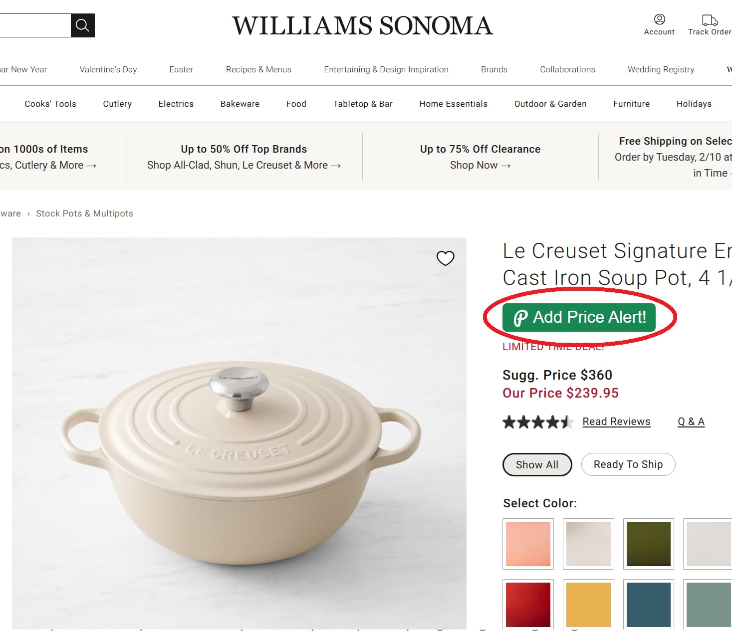 Williams Sonoma price tracker button for product price drop alerts and price history